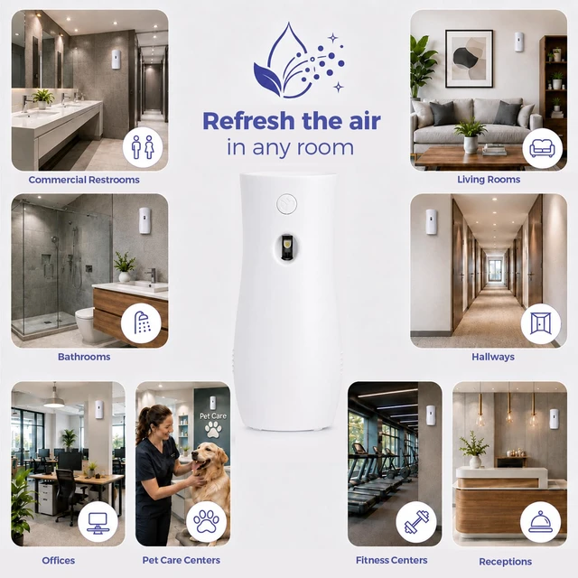 Alt view image 7 of 7 - Automatic Air Freshener Spray Dispensers 2-Pack, Battery Operated Aerosol Sprayer, Wall Mounted & Freestanding, 3 Auto Scent Release Time Settings for Home and Commercial Place, White