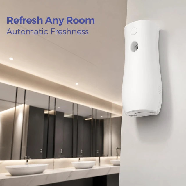 Alt view image 6 of 7 - Automatic Air Freshener Spray Dispensers 2-Pack, Battery Operated Aerosol Sprayer, Wall Mounted & Freestanding, 3 Auto Scent Release Time Settings for Home and Commercial Place, White