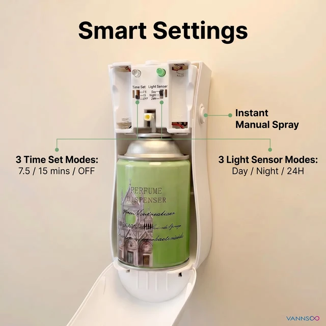 Alt view image 3 of 7 - Automatic Air Freshener Spray Dispenser 2-Pack, Wall Mount Desktop | ABS Plastic Odor Eliminator, Timer & Light Sensor Modes, Battery Operated for Home Bathroom Office Hotel, White