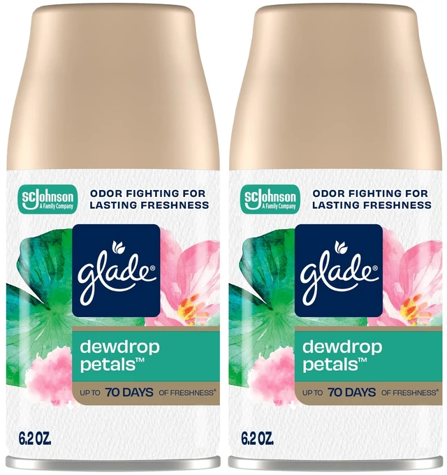 Main image of Automatic Spray Refill Air Freshener, Dewdrop Petals, 2 Count | 6.2 oz Each, Home and Bathroom Use, Fits Glade Automatic Spray Holder, Adjustable Timed Fragrance Release, Odor Fighting