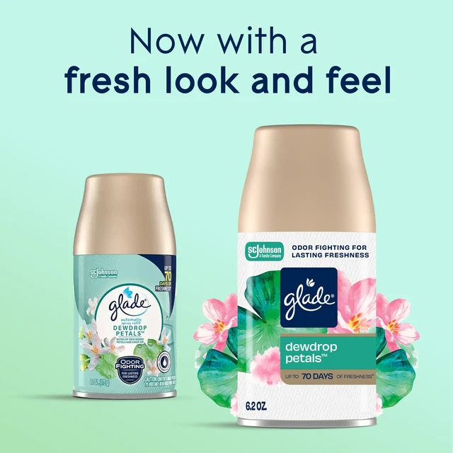 Alt view image 2 of 7 - Automatic Spray Refill Air Freshener, Dewdrop Petals, 2 Count | 6.2 oz Each, Home and Bathroom Use, Fits Glade Automatic Spray Holder, Adjustable Timed Fragrance Release, Odor Fighting