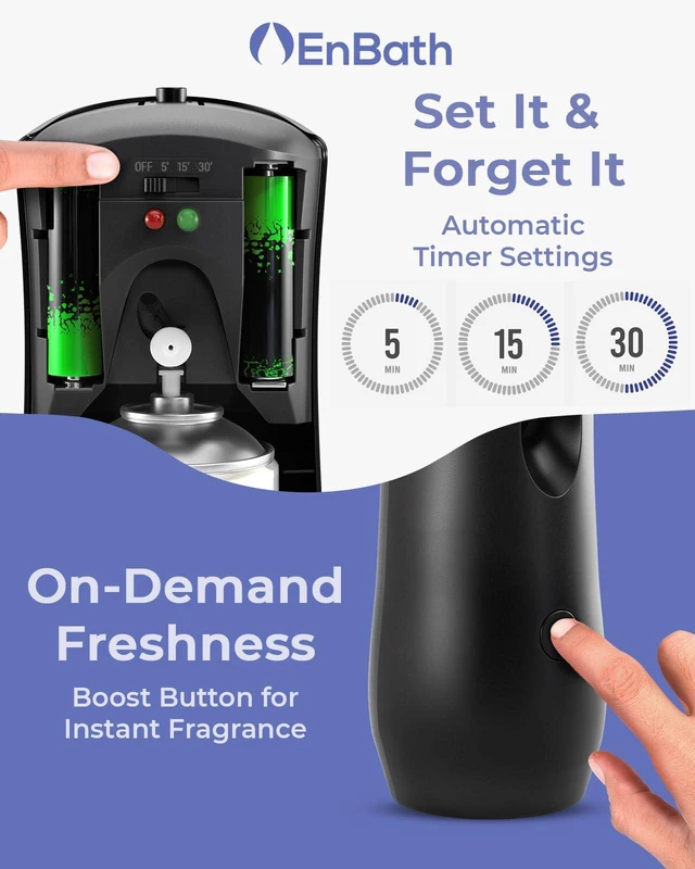 Alt view image 3 of 7 - Automatic Air Freshener Spray Dispenser (2-Pack) Black Wall Mounted or Free Standing Battery Operated Sprayer for Home or Commercial Use, 3 Auto Scent Release Time Settings for Room/Bathroom Freshness
