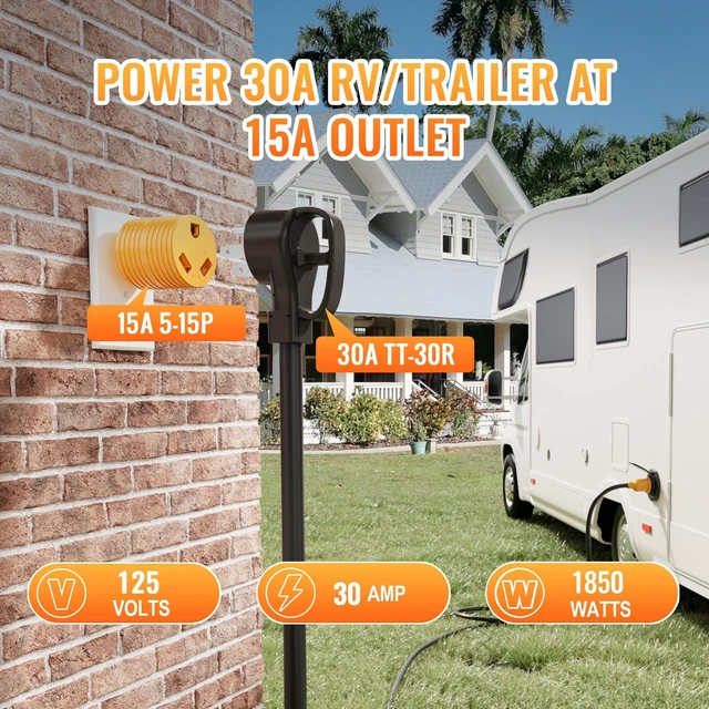 Alt view image 4 of 7 - 30 Amp to 110 Volt RV Adapter, NEMA 5-15P to TT-30R Electrical Power 30 Amp to 15 Amp 110 Adaptor, 15A Household Male to 30A RV Female Converter Plug for Camper Caravan Van Travel Trailer