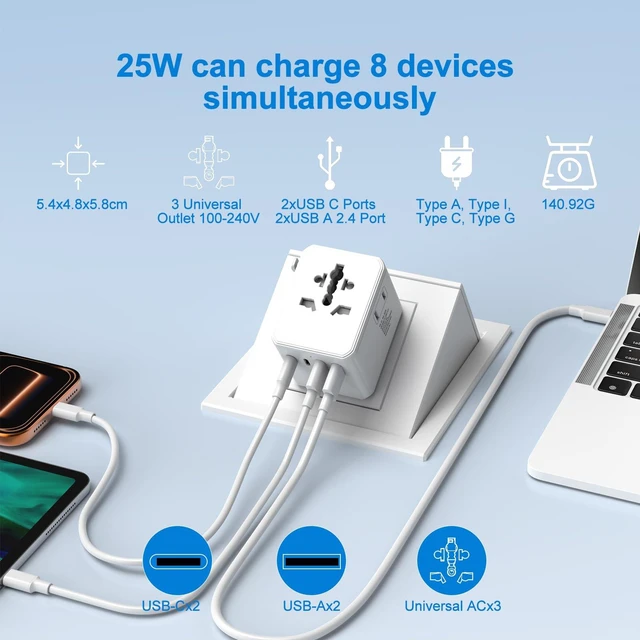 Alt view image 5 of 7 - Universal Travel Adapter 25W, International Power Plug Converter with 2500W High Power Support, All-in-One AC Adapter for Europe UK US AUS, 2 USB-C + 2 USB-A Ports, Compact Travel Charger