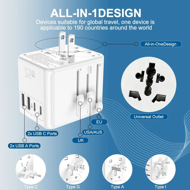 Alt view image 6 of 7 - Universal Travel Adapter 25W, International Power Plug Converter with 2500W High Power Support, All-in-One AC Adapter for Europe UK US AUS, 2 USB-C + 2 USB-A Ports, Compact Travel Charger