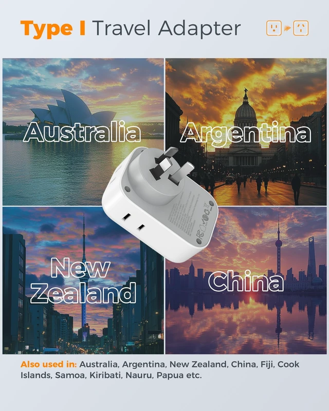 Alt view image 2 of 7 - Australia Plug Adapter, 2 Pack, Type I Travel Adaptor PD 20W | 4 Outlets 3 USB Ports (2 USB-C), For US to Australian Argentina China Fiji Samoa Tonga Kiribati