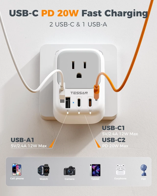 Alt view image 4 of 7 - Australia Plug Adapter, 2 Pack, Type I Travel Adaptor PD 20W | 4 Outlets 3 USB Ports (2 USB-C), For US to Australian Argentina China Fiji Samoa Tonga Kiribati