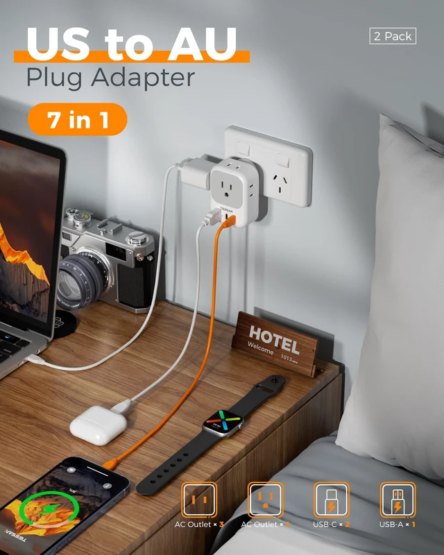 Alt view image 3 of 7 - Australia Plug Adapter, 2 Pack, Type I Travel Adaptor PD 20W | 4 Outlets 3 USB Ports (2 USB-C), For US to Australian Argentina China Fiji Samoa Tonga Kiribati
