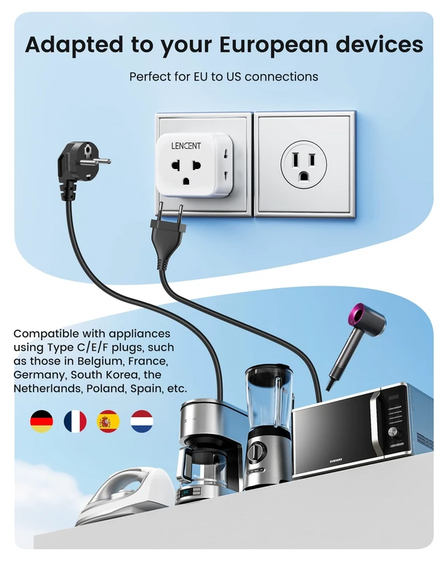 Alt view image 3 of 7 - EU to US Plug Adapter, European to USA Outlet Adaptor | Travel from Europe to American Outlet, 3-Sided Outlet Extender, Wall Tap, Mini Charger Box, Travel Plug Converter