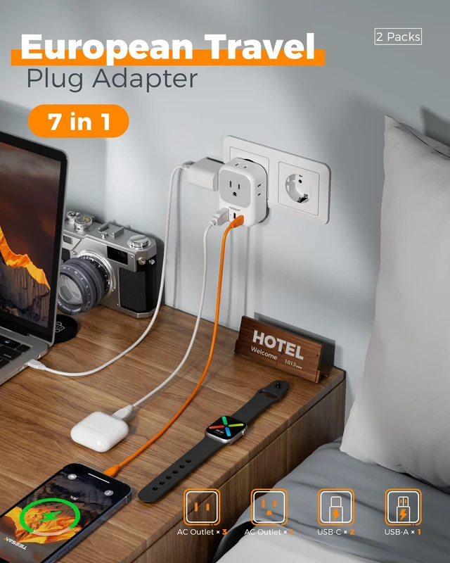 Alt view image 4 of 7 - 2 Pack European Travel Plug Adapter PD 20W, 3 USB Ports (2 USB C) | 4 American Outlets, No Voltage Conversion, Type C Plug Adapter, for Europe EU Euro Italy Spain France Greece Iceland Germany