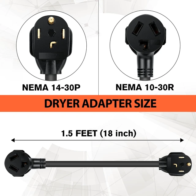 Alt view image 2 of 7 - 1.5FT 3 Prong to 4 Prong Dryer Adapter, 3 to 4 Prong Dryer Plug Adapter, 4 Prone Dryer Outlet Adapter, 14-30P Male to 10-30R Female Receptacle for Old Clothes Dryer Converter, 30A, 250V