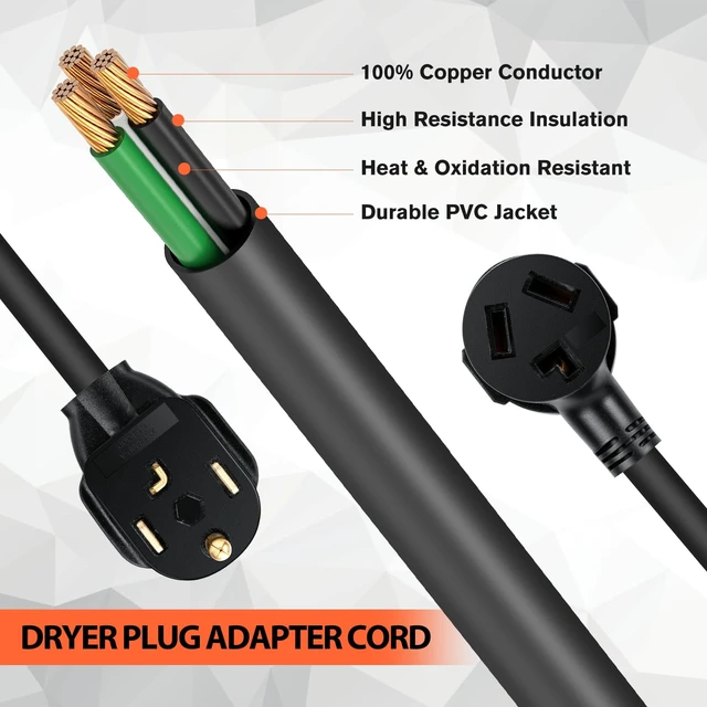 Alt view image 4 of 7 - 1.5FT 3 Prong to 4 Prong Dryer Adapter, 3 to 4 Prong Dryer Plug Adapter, 4 Prone Dryer Outlet Adapter, 14-30P Male to 10-30R Female Receptacle for Old Clothes Dryer Converter, 30A, 250V