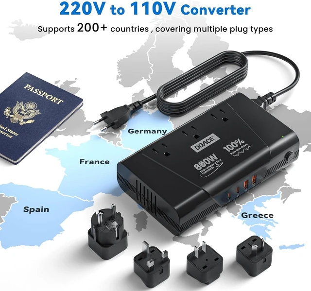 Alt view image 2 of 7 - 800W 220V to 110V Pure Sine Wave Voltage Converter US to Europe | 3 AC Outlets, 2 USB-C & 2 USB-A, European Plug Adapter, For Hair Tools & Phones