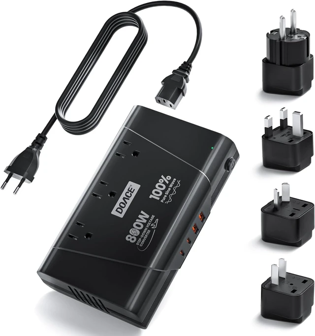 Main image of 800W 220V to 110V Pure Sine Wave Voltage Converter US to Europe | 3 AC Outlets, 2 USB-C & 2 USB-A, European Plug Adapter, For Hair Tools & Phones