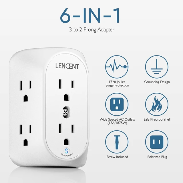 Alt view image 2 of 7 - 2 to 3 Prong Outlet Adapter, 3 to 2 Prong Grounding Adapter | Surge Protector, Multi Outlet Wall Plug with 6 Outlets, Power Socket Extender for Non Grounded Kitchen Office Older House