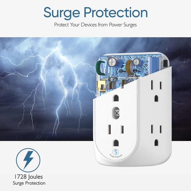 Alt view image 6 of 7 - 2 to 3 Prong Outlet Adapter, 3 to 2 Prong Grounding Adapter | Surge Protector, Multi Outlet Wall Plug with 6 Outlets, Power Socket Extender for Non Grounded Kitchen Office Older House