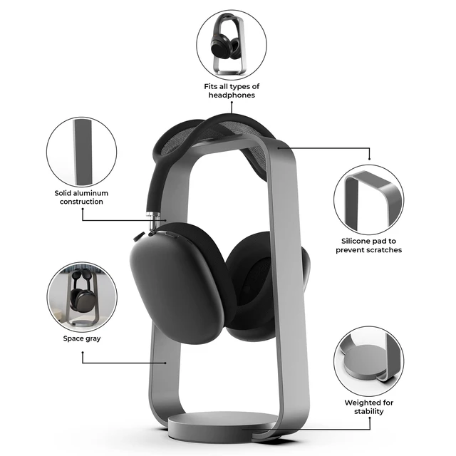 Alt view image 3 of 7 - Aluminum Headphone Stand, Space Gray | Weighted Desk Headset Holder with Silicone Pad, Compatible with Most Headphone Sizes & Brands