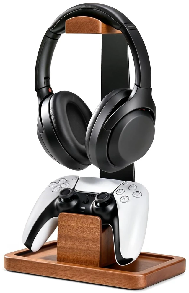 Main image of Solid Wood Metal Headphone Stand with Modular Controller Holder for Desk | Gaming Headset Holder with Pen Cup Storage, Controller Stand Fits PS5 Xbox, AirPods Max, for Husband, Boyfriend, Son