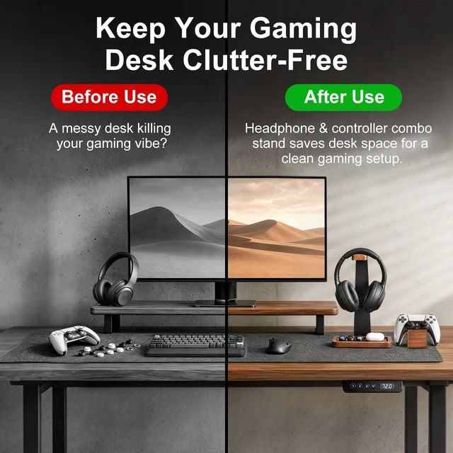 Alt view image 2 of 7 - Solid Wood Metal Headphone Stand with Modular Controller Holder for Desk | Gaming Headset Holder with Pen Cup Storage, Controller Stand Fits PS5 Xbox, AirPods Max, for Husband, Boyfriend, Son