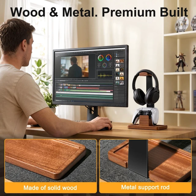 Alt view image 3 of 7 - Solid Wood Metal Headphone Stand with Modular Controller Holder for Desk | Gaming Headset Holder with Pen Cup Storage, Controller Stand Fits PS5 Xbox, AirPods Max, for Husband, Boyfriend, Son