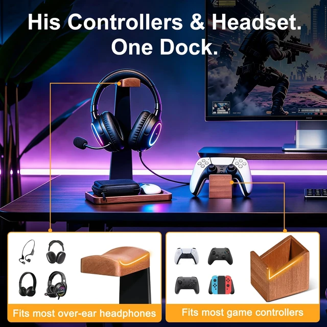 Alt view image 4 of 7 - Solid Wood Metal Headphone Stand with Modular Controller Holder for Desk | Gaming Headset Holder with Pen Cup Storage, Controller Stand Fits PS5 Xbox, AirPods Max, for Husband, Boyfriend, Son