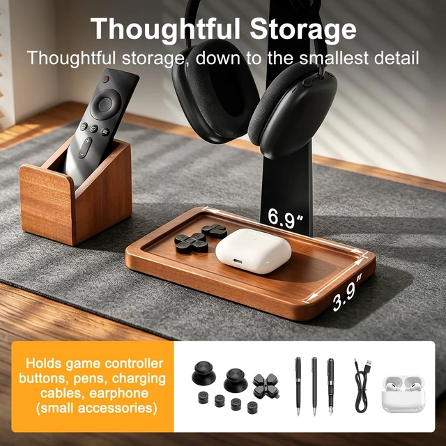 Alt view image 5 of 7 - Solid Wood Metal Headphone Stand with Modular Controller Holder for Desk | Gaming Headset Holder with Pen Cup Storage, Controller Stand Fits PS5 Xbox, AirPods Max, for Husband, Boyfriend, Son