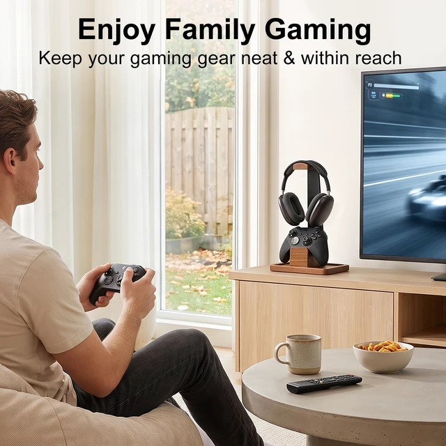 Alt view image 6 of 7 - Solid Wood Metal Headphone Stand with Modular Controller Holder for Desk | Gaming Headset Holder with Pen Cup Storage, Controller Stand Fits PS5 Xbox, AirPods Max, for Husband, Boyfriend, Son