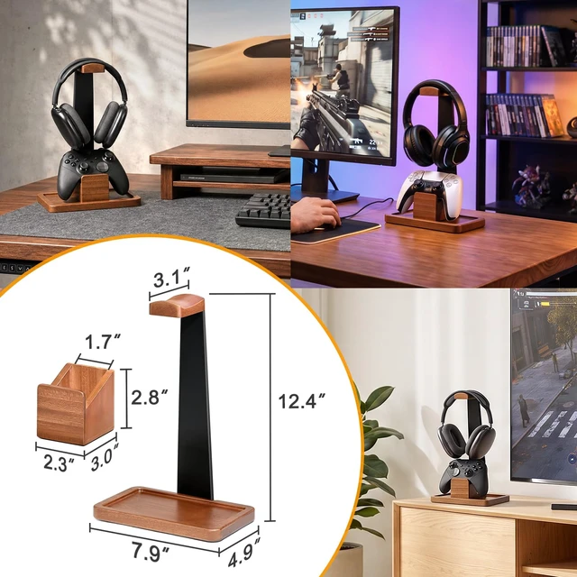 Alt view image 7 of 7 - Solid Wood Metal Headphone Stand with Modular Controller Holder for Desk | Gaming Headset Holder with Pen Cup Storage, Controller Stand Fits PS5 Xbox, AirPods Max, for Husband, Boyfriend, Son