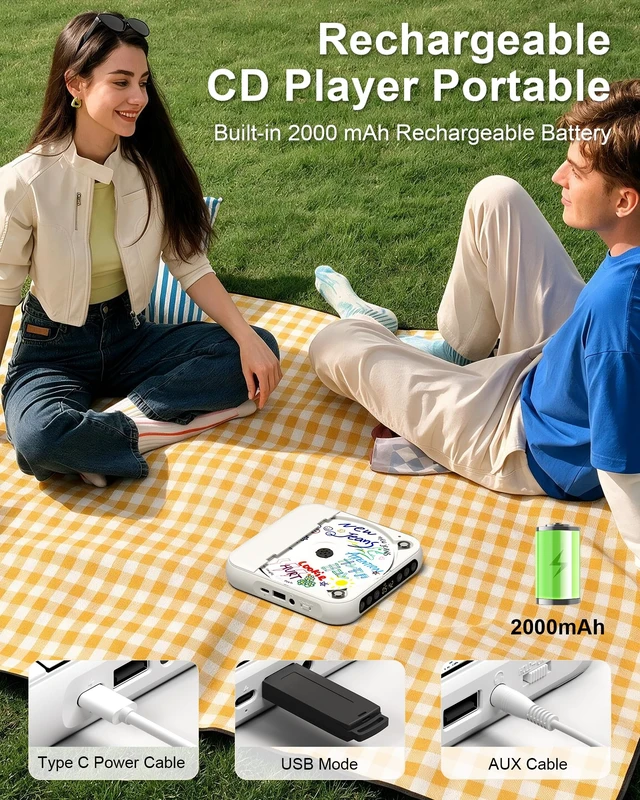 Alt view image 2 of 7 - CD Player Portable Bluetooth Rechargeable CD Player for Home for Car | CD player with Bluetooth5.3,2000mAh Rechargeable,HiFi Speaker,Headphones, LCD Screen, Supports CD/AUX/USB,for Car,CD-R/RW MP3