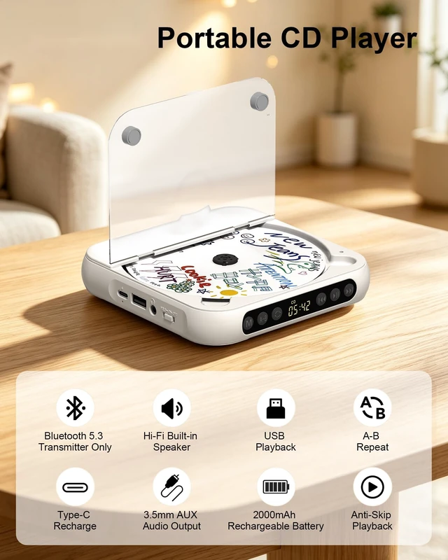 Alt view image 4 of 7 - CD Player Portable Bluetooth Rechargeable CD Player for Home for Car | CD player with Bluetooth5.3,2000mAh Rechargeable,HiFi Speaker,Headphones, LCD Screen, Supports CD/AUX/USB,for Car,CD-R/RW MP3