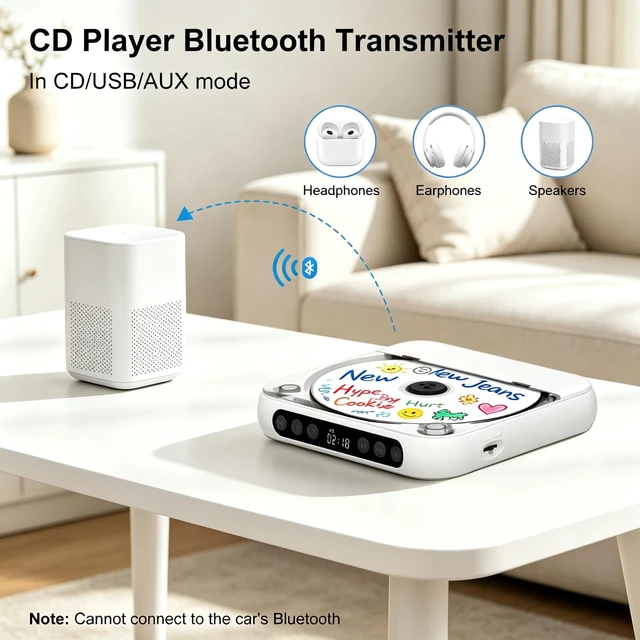 Alt view image 6 of 7 - CD Player Portable Bluetooth Rechargeable CD Player for Home for Car | CD player with Bluetooth5.3,2000mAh Rechargeable,HiFi Speaker,Headphones, LCD Screen, Supports CD/AUX/USB,for Car,CD-R/RW MP3