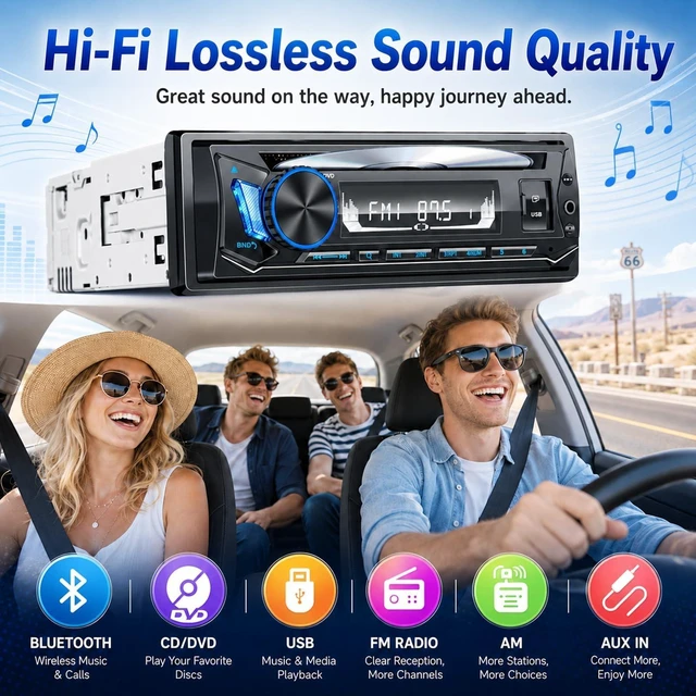Alt view image 6 of 7 - Single Din Car Stereo with CD Player FM AM Car Radio Bluetooth USB 240W | Car Radio Bluetooth DVD hands-free with RCA/FALC/EQ/SD/AUX/Knob/7 Colors Digital Stereo Receiver Spotify APP Remote Control