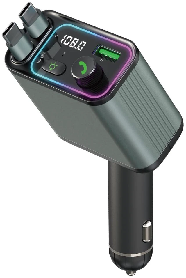 Main image of 3 in 1 Retractable Car Charger Adapter & FM Transmitter | 12V-24V Trucks & Cars, Tangle-Free Cable, LED Voltage Display, Ambient Night Light, Hands-Free Calls