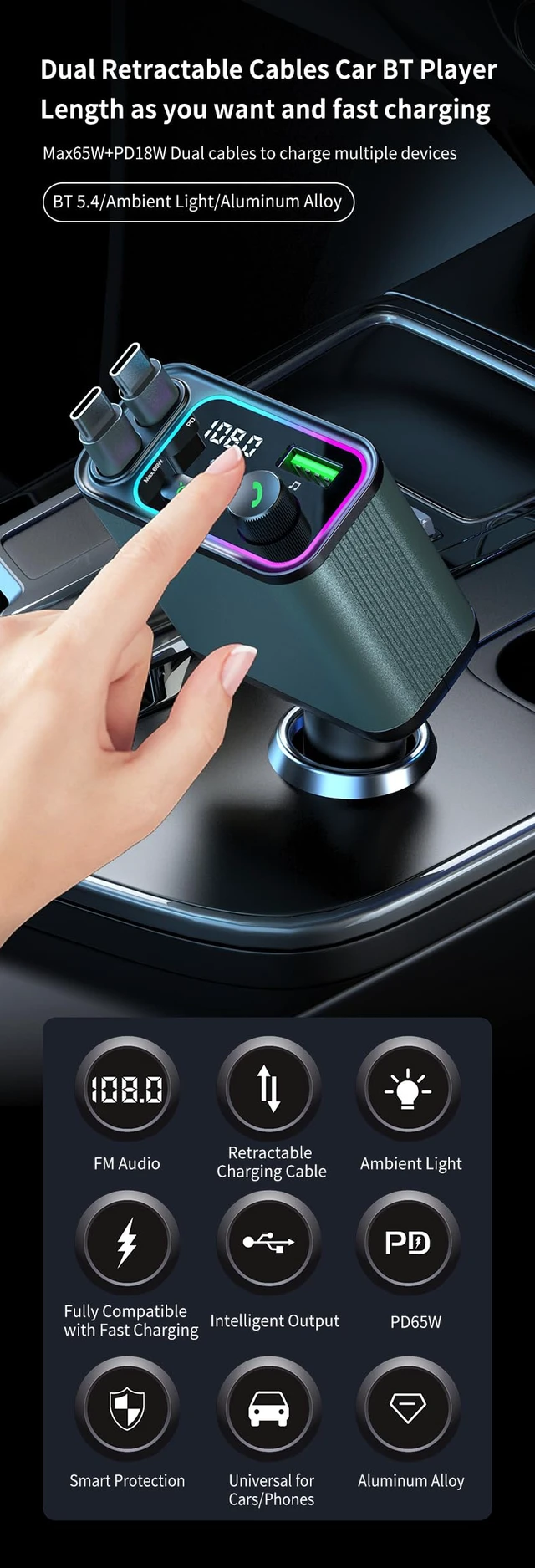 Alt view image 3 of 7 - 3 in 1 Retractable Car Charger Adapter & FM Transmitter | 12V-24V Trucks & Cars, Tangle-Free Cable, LED Voltage Display, Ambient Night Light, Hands-Free Calls