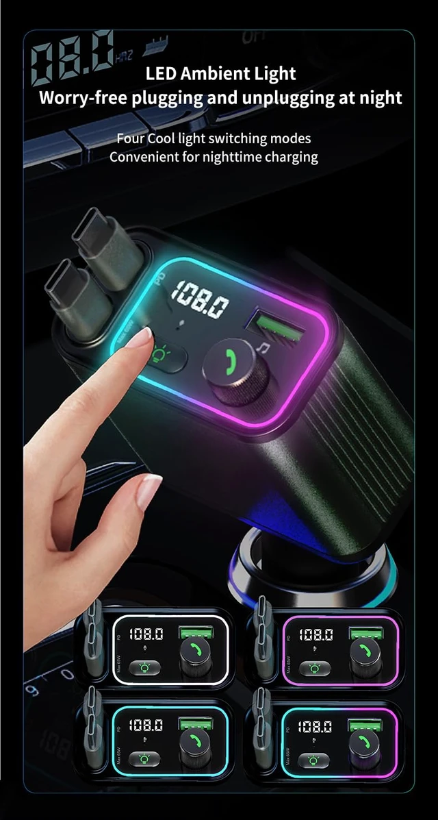 Alt view image 4 of 7 - 3 in 1 Retractable Car Charger Adapter & FM Transmitter | 12V-24V Trucks & Cars, Tangle-Free Cable, LED Voltage Display, Ambient Night Light, Hands-Free Calls