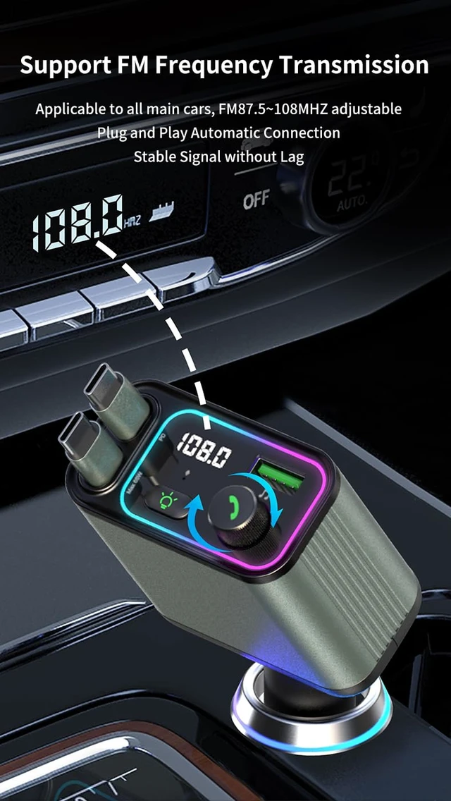 Alt view image 6 of 7 - 3 in 1 Retractable Car Charger Adapter & FM Transmitter | 12V-24V Trucks & Cars, Tangle-Free Cable, LED Voltage Display, Ambient Night Light, Hands-Free Calls