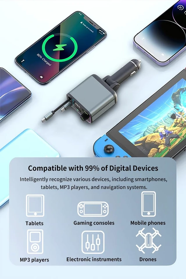 Alt view image 7 of 7 - 3 in 1 Retractable Car Charger Adapter & FM Transmitter | 12V-24V Trucks & Cars, Tangle-Free Cable, LED Voltage Display, Ambient Night Light, Hands-Free Calls