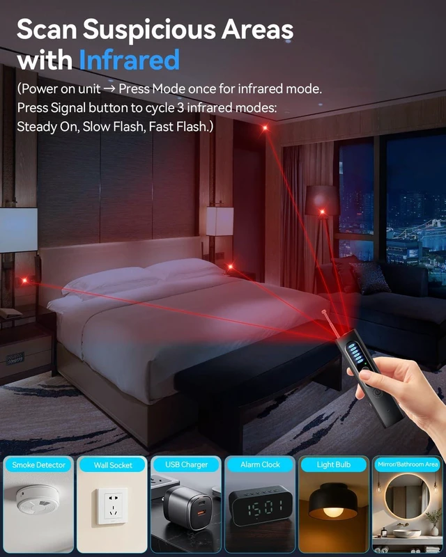 Alt view image 4 of 7 - Hidden Camera Detector Spy Camera Finder Upgraded RF Signal Scanner Bug Detector GPS Tracker Detector Listening Device Finder Portable Privacy Protector for Hotel Travel Home Office Airbnb Bathroom