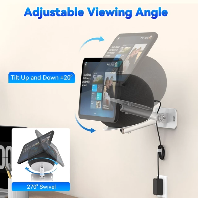 Alt view image 2 of 7 - Adjustable Wall Mount for Echo Show 11 & Echo Show 8 4th Gen, Swivel and Tilt Adjustment, Space-Saving Smart Display Aluminum Bracket with Cable Management, Drilling Installation (Silver)
