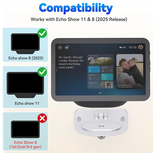 Alt view image 3 of 7 - Adjustable Wall Mount for Echo Show 11 & Echo Show 8 4th Gen, Swivel and Tilt Adjustment, Space-Saving Smart Display Aluminum Bracket with Cable Management, Drilling Installation (Silver)