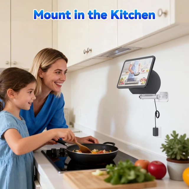 Alt view image 5 of 7 - Adjustable Wall Mount for Echo Show 11 & Echo Show 8 4th Gen, Swivel and Tilt Adjustment, Space-Saving Smart Display Aluminum Bracket with Cable Management, Drilling Installation (Silver)