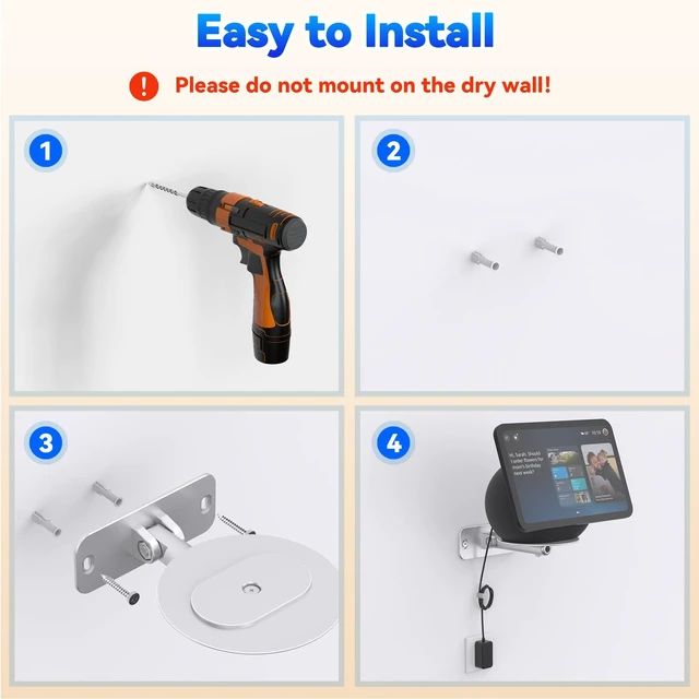 Alt view image 7 of 7 - Adjustable Wall Mount for Echo Show 11 & Echo Show 8 4th Gen, Swivel and Tilt Adjustment, Space-Saving Smart Display Aluminum Bracket with Cable Management, Drilling Installation (Silver)