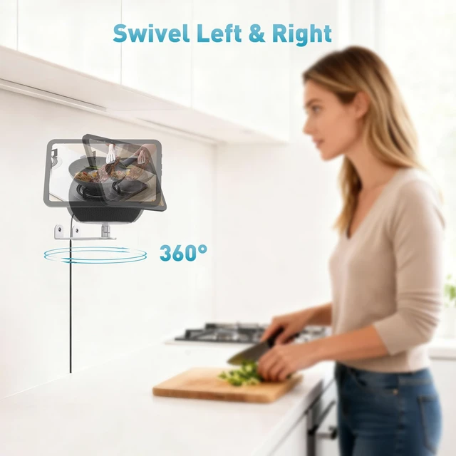 Alt view image 3 of 7 - Wall Mount for Echo Show 11 & Show 8 2025, Swivel 360°, Silver | Aluminum, Tilt 20~80°, Easy Install, Durable, Echo Show 11 Wall Mount for Kitchen, Adjustable Echo Show 11 Wall Mount