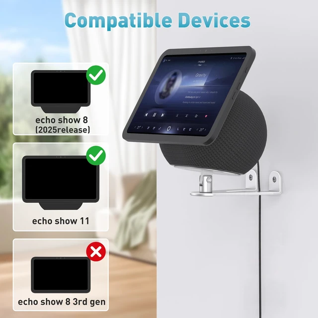 Alt view image 6 of 7 - Wall Mount for Echo Show 11 & Show 8 2025, Swivel 360°, Silver | Aluminum, Tilt 20~80°, Easy Install, Durable, Echo Show 11 Wall Mount for Kitchen, Adjustable Echo Show 11 Wall Mount