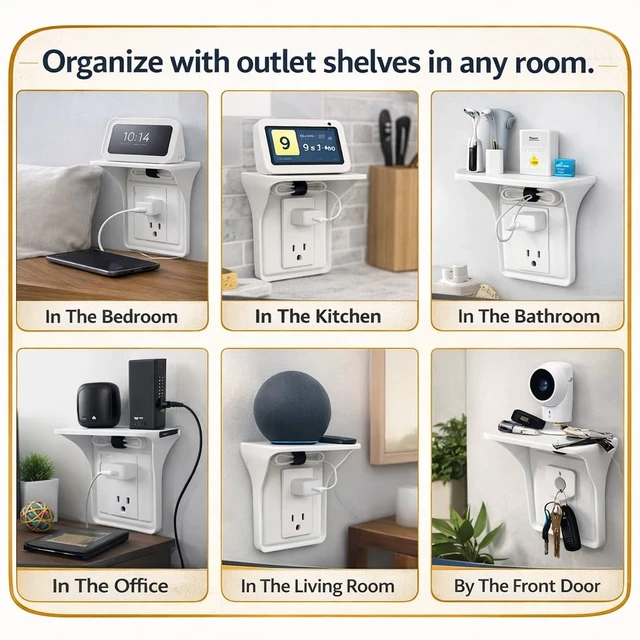 Alt view image 5 of 7 - (2 Pack) Outlet Shelf Mount Organizer for Echo Dot, HomePod Mini & Alexa | Renter-Friendly Wall Shelf with Built-In Cord Storage, No-Drill Mounting, Matte Plastic Design for Bathroom, Bedroom & Office