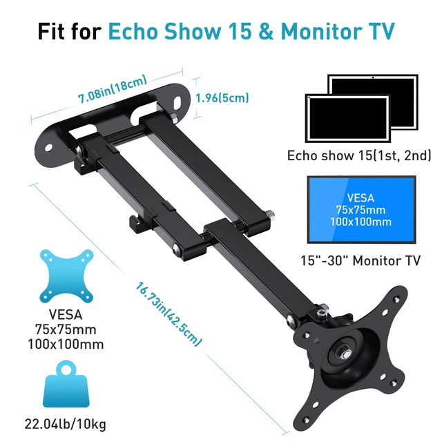 Alt view image 6 of 7 - Wall Mount for Echo Show 15, Swivel & Extend up to 16", Heavy Duty | Aluminum Alloy, Easy Assembly, 10KG Capacity, Space-Saving, Portrait and Landscape Mode, Echo Show 15 Wall Mount, Black