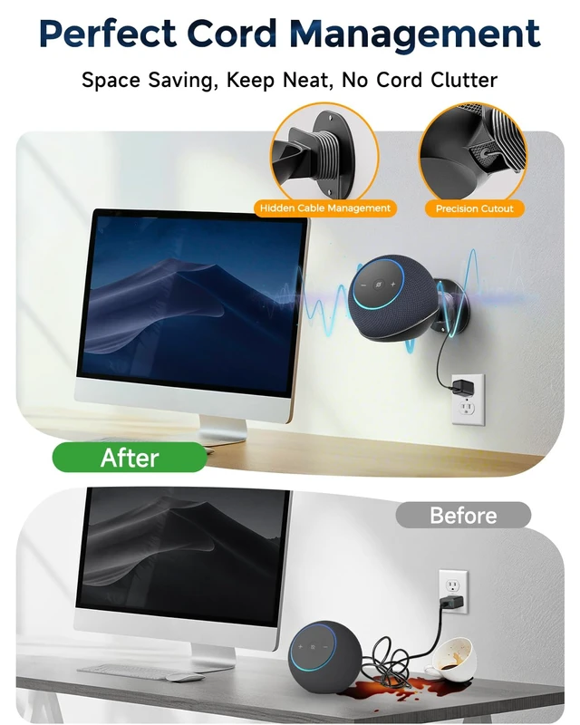 Alt view image 2 of 7 - Wall Mount Shelf for Echo Dot 5th/4th Gen, Echo Pop, Black | Suitable for HomePod Mini, Universal Smart Speaker Holder Bracket, Secure Screw Mount, Built-in Cable Management Stand