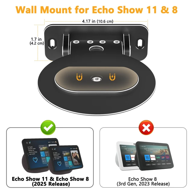 Alt view image 3 of 7 - Wall Mount Compatible with 2025 Echo Show 8 and Echo Show 11 | Aluminum Alloy, Space-Saving, Horizontal Swivel, Up-and-Down Tilt, Easy Installation, Ideal for Kitchen Use, Black