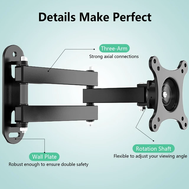Alt view image 6 of 7 - Wall Mount for Echo Show 15, Full Motion Monitor Mounting Bracket | Heavy-duty Articulating Arm Swivel Rotation Extension Tilt, Max VESA 100x100mm Hold up to 33lbs, Black
