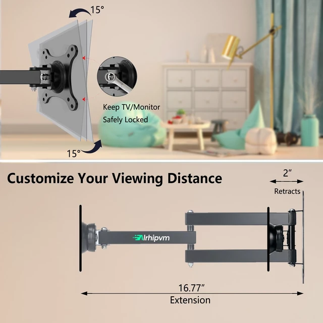 Alt view image 5 of 7 - Wall Mount for Echo Show 15, Full Motion Monitor Mounting Bracket | Heavy-duty Articulating Arm Swivel Rotation Extension Tilt, Max VESA 100x100mm Hold up to 33lbs, Black